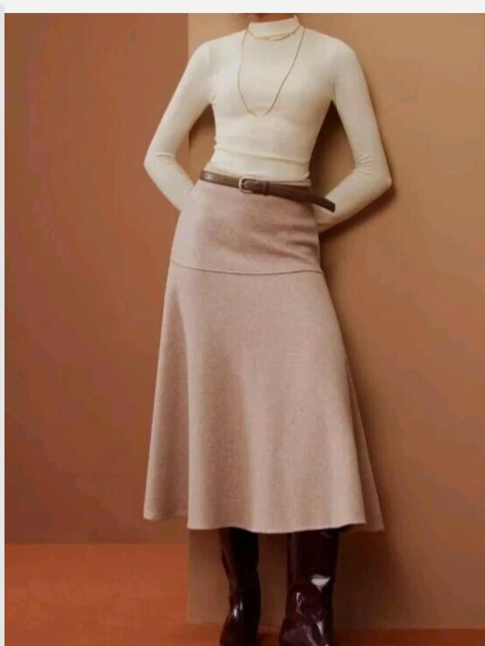 OGL Cream/Tan Flared Midi Skirt